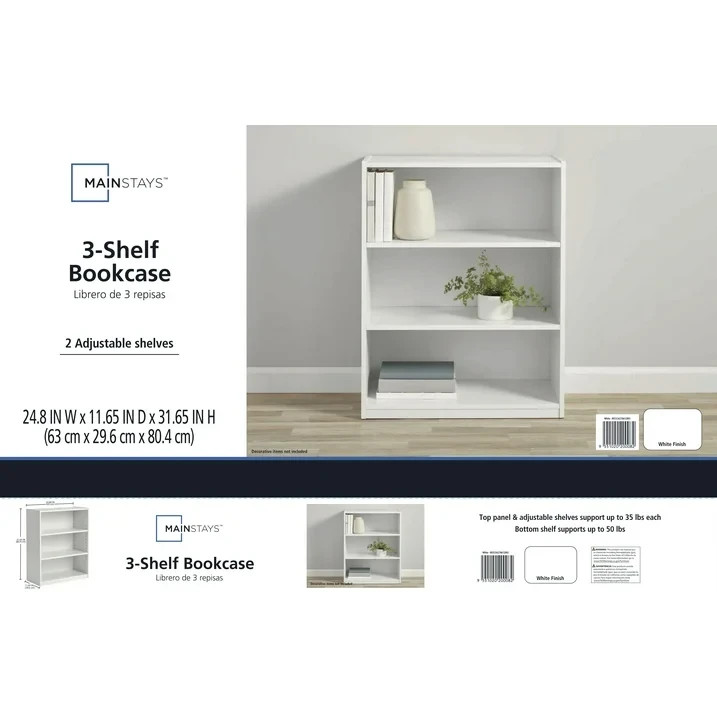 Mainstays 3-Shelf Bookcase with Adjustable Shelves, White