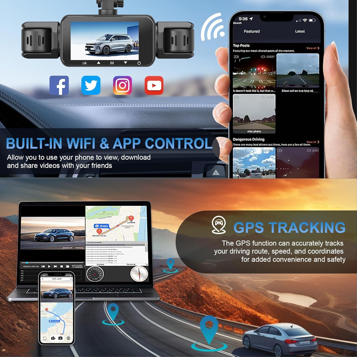 Dash Cam 4 Channel 360° Front Rear Inside DashCam, HD 1080P Car Camera 64GB