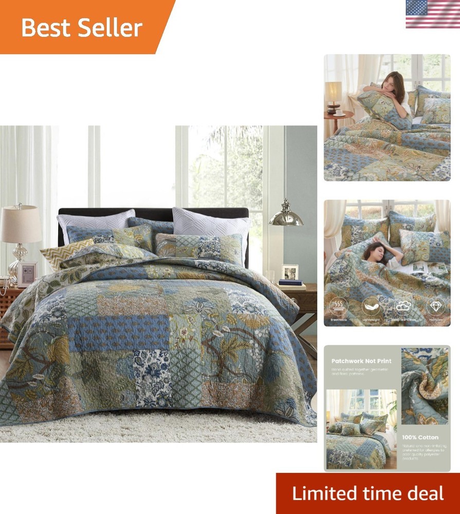 King Size Comforter Set Cotton Quilt Boho Patchwork Reversible Bedspread