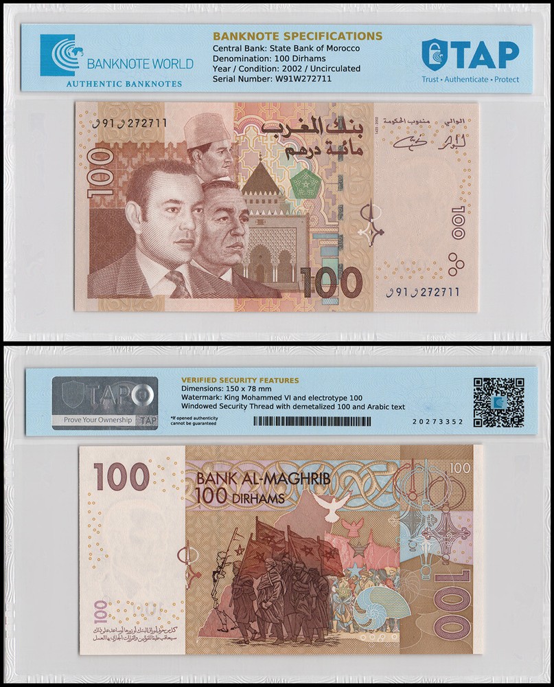 Morocco 100 Dirhams, 2002 (AH1423), P-70, UNC, TAP Authenticated