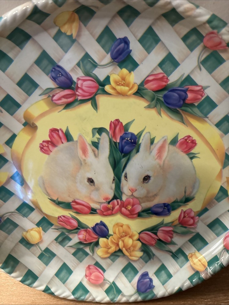 VTG Bunny Bow Easter Serving Tray Yellow Plastic Molded Plastic Bunnies