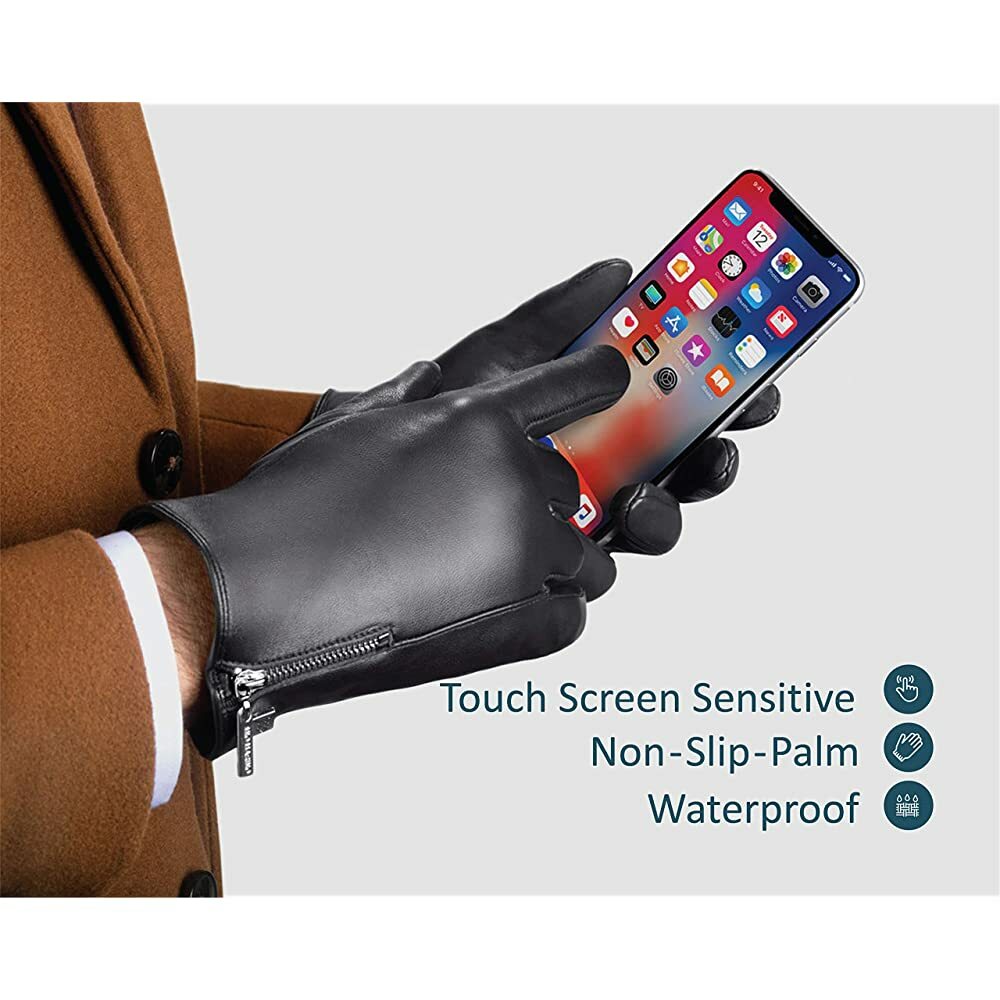 Men's Lined Touch Screen Winter Leather Gloves Size M