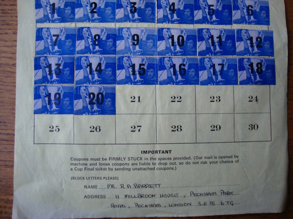 1972 Chelsea Cup Final Token Sheet
