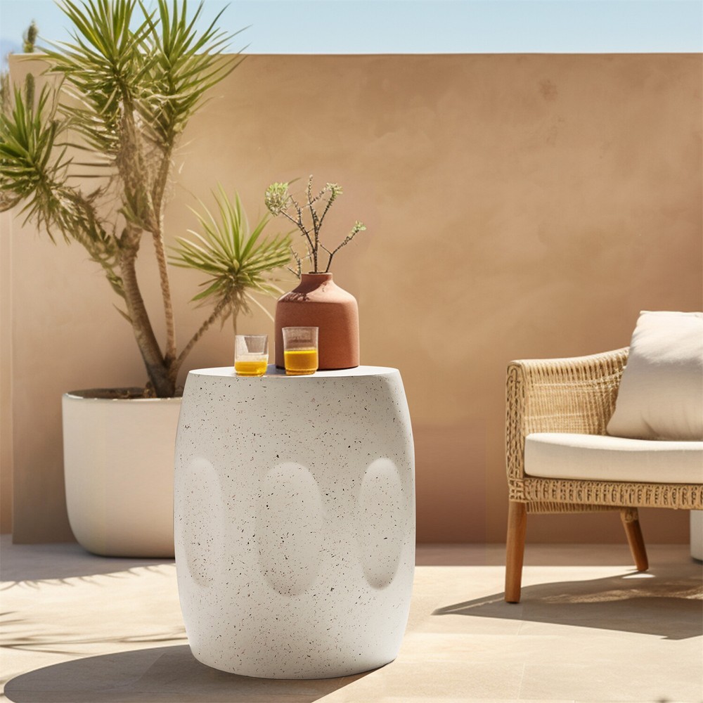 Off-white Round End Table Coffee Sofa Side Table Drum Shape Solid Concrete