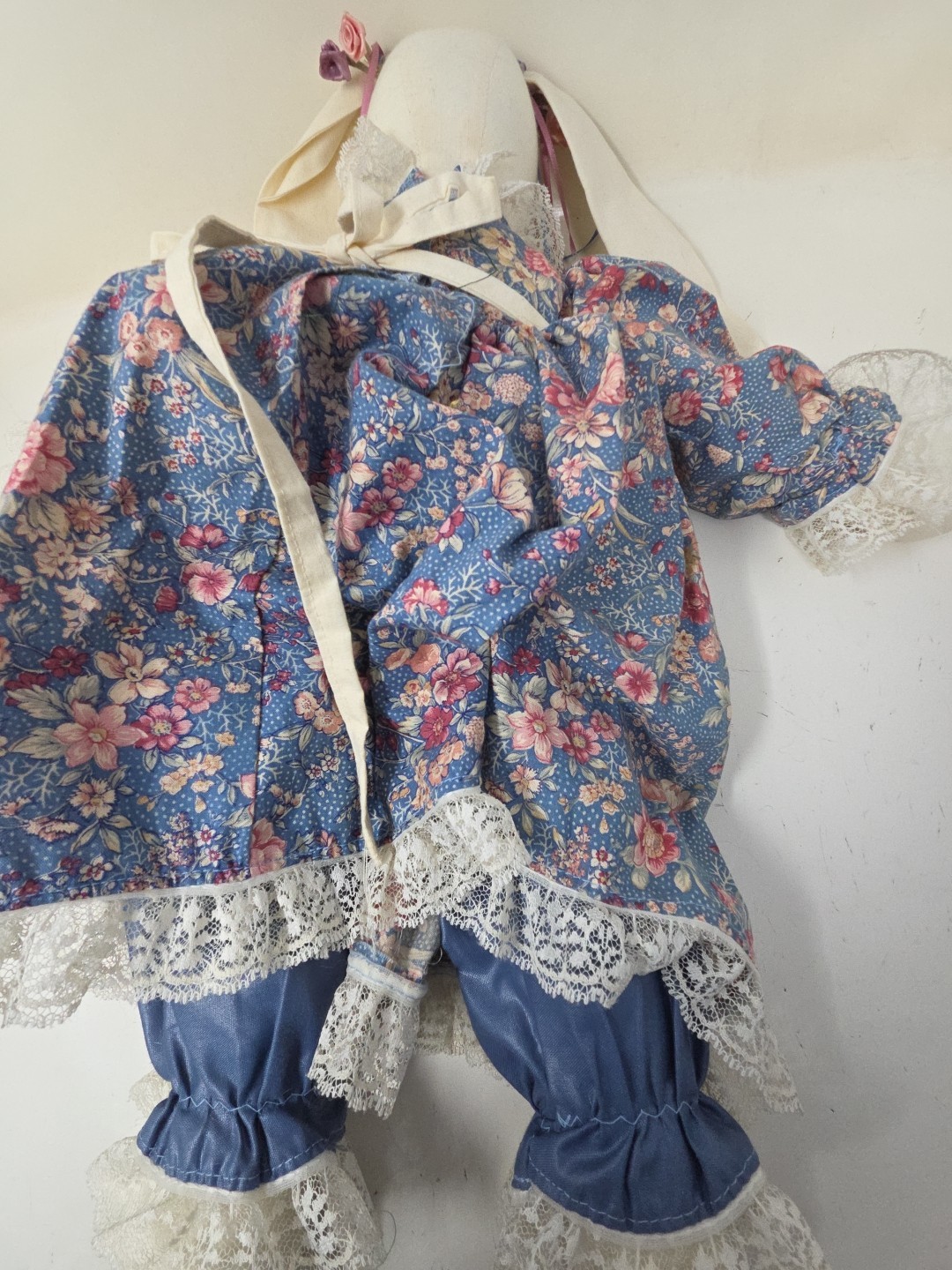Vintage Handmade 19” Easter Bunny Rabbit Doll Flowers Floral Lace Dress & Apron