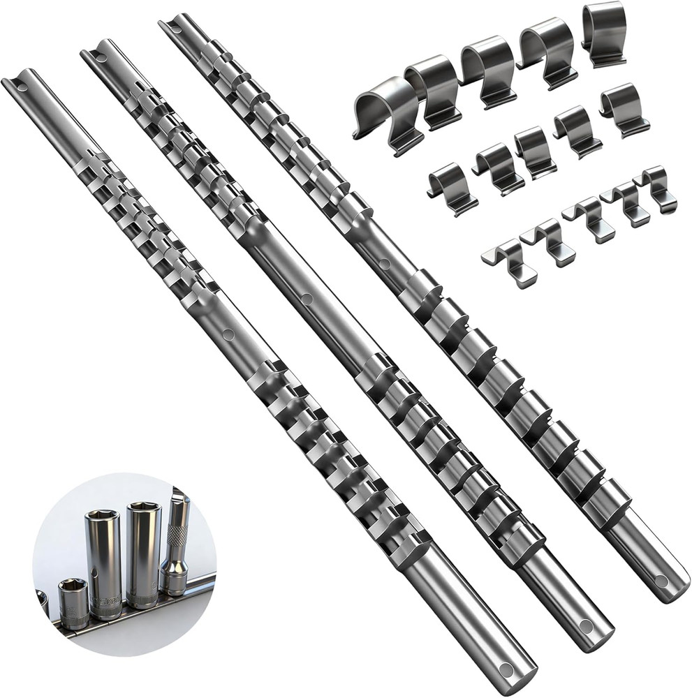 Socket Organizer Set,  3-Piece Metal Socket Holders/Socket Sliding Rail, 1/4-Inc