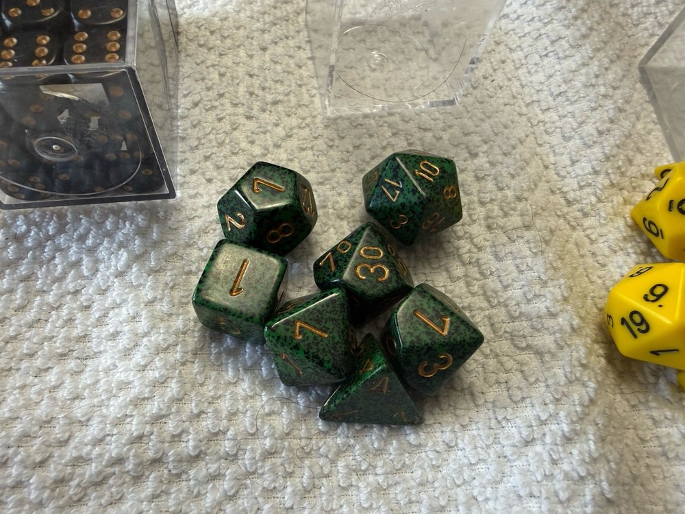 2 Polyhedral game dice sets, Green & Yellow + Black 35 Mini Dice