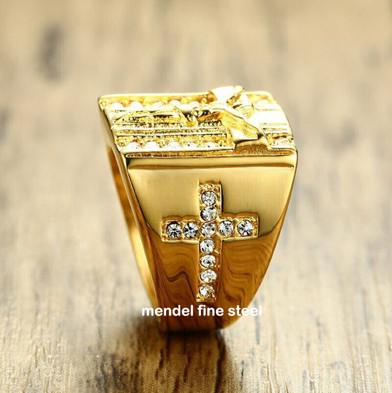 MENDEL Mens Stainless Steel Gold Plated CZ Jesus Cross Crucifix Ring Size 7 8-15