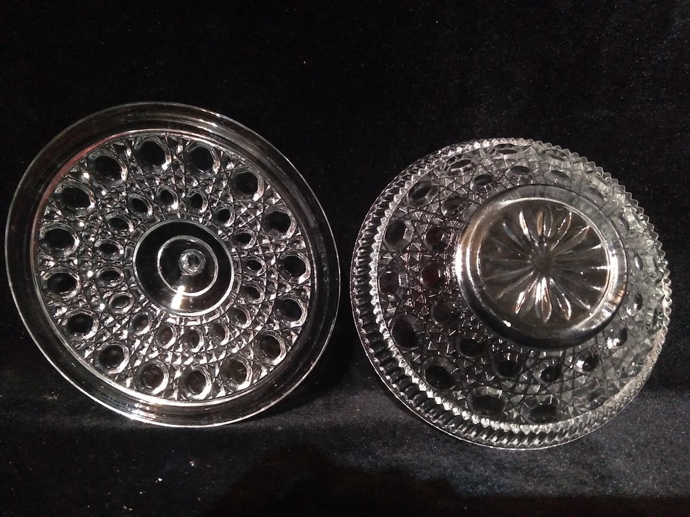 Federal Glass Windsor Pattern Clear Button & Cane Covered Candy Dish 7.5"D
