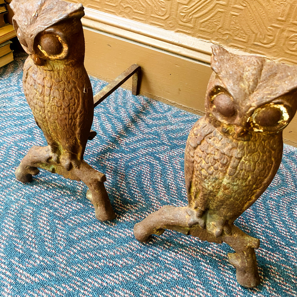Antique Cast Iron Owl Fireplace Andirons