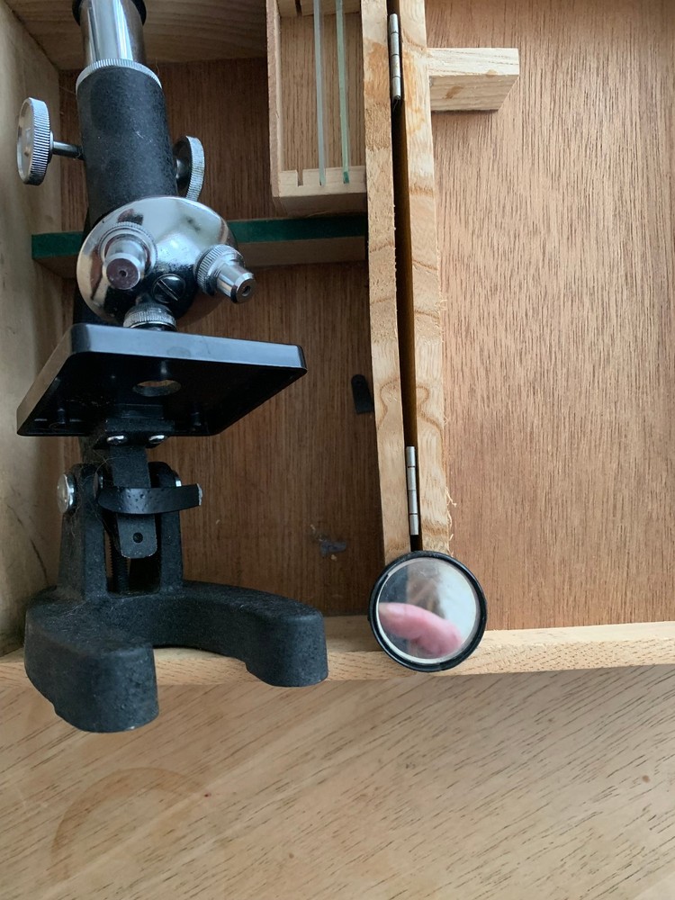 2 vintage mini microscopes with wooden boxes