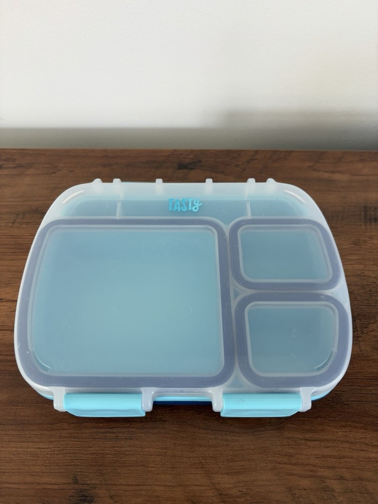 Tasty Blue 3-Compartment Rectangular Lunch Box with Handle and Snap Lid