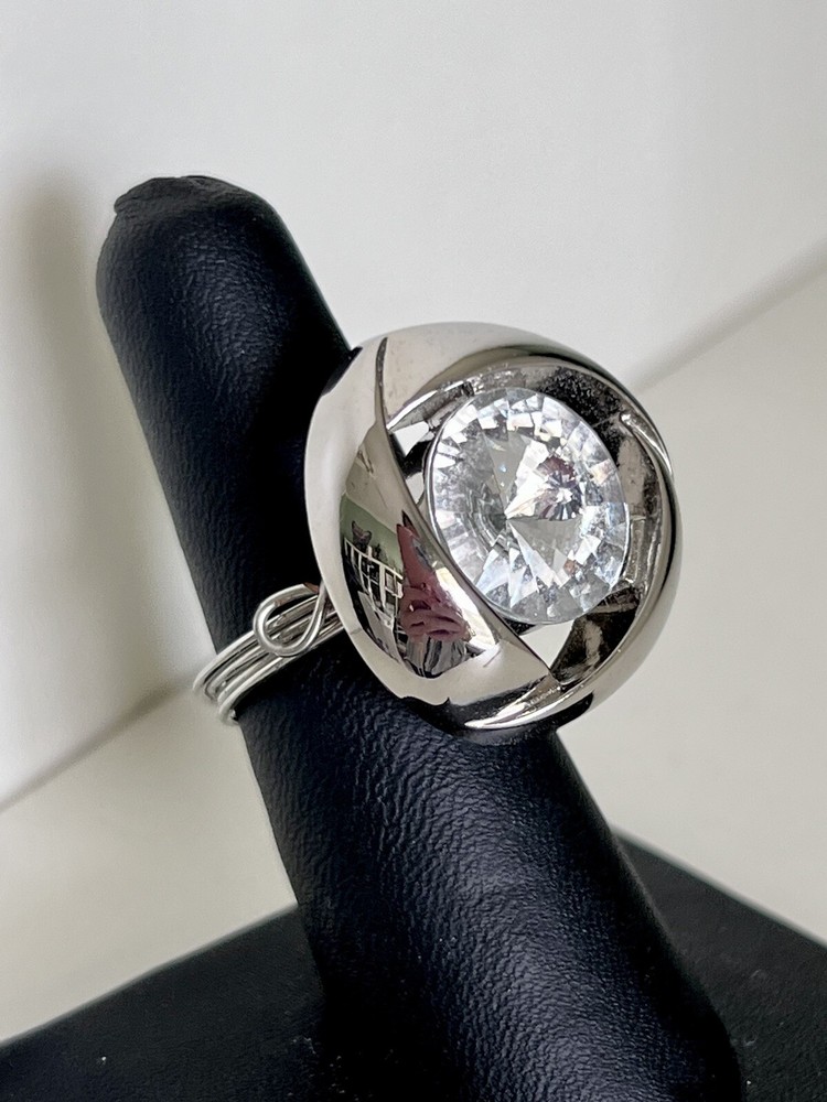 Silver and Crystal Wire Wrapped Button Ring Statement Piece Size 7