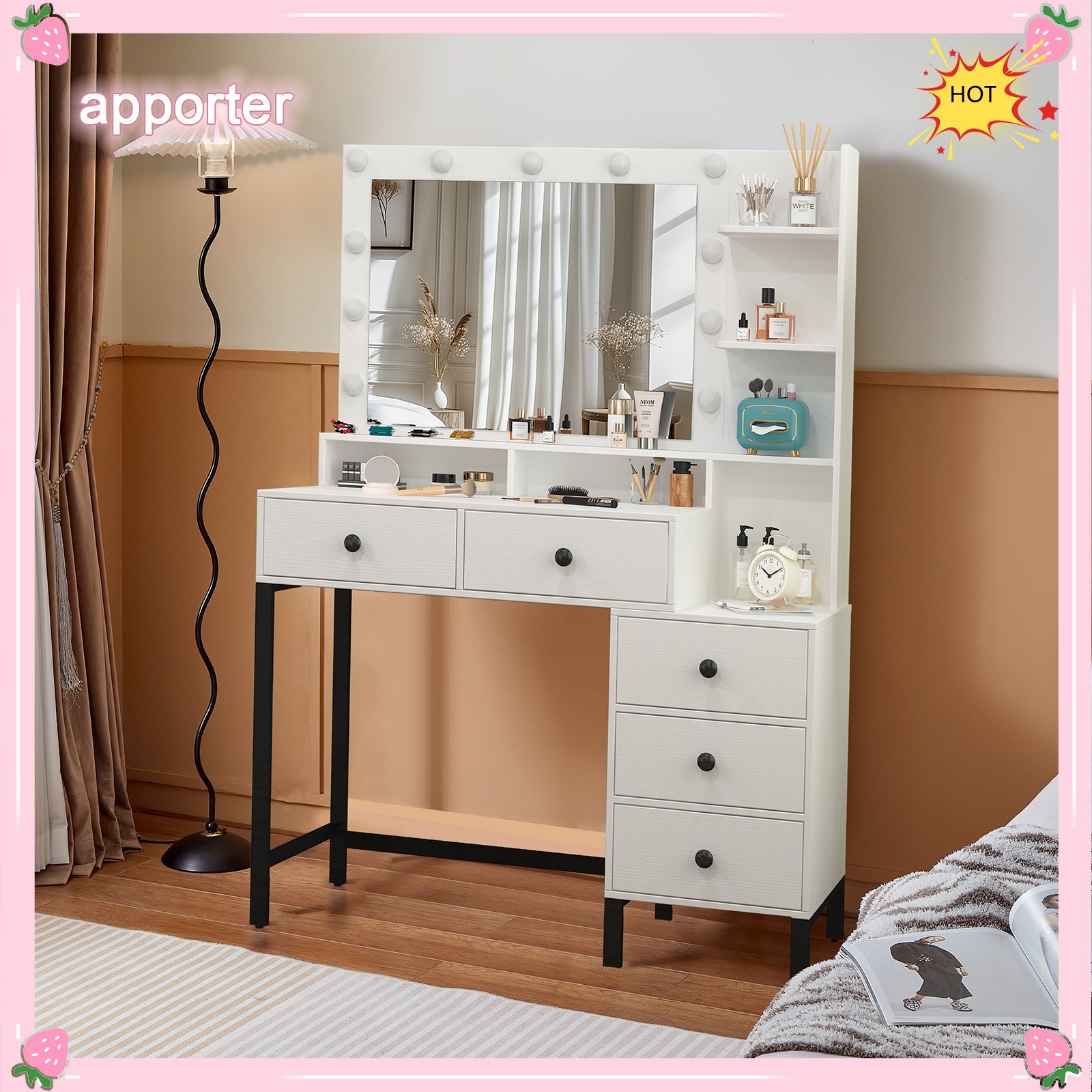 11 Led Lights Makeup Desk Set With Mirror Dressing Dresser Table White Vanity