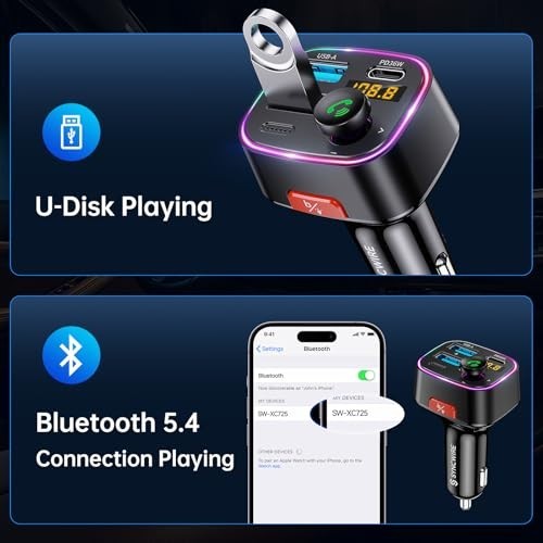 Bluetooth 5.4 FM Transmitter Car Adapter 48W Fast Charging HiFi Bass Sound USB D