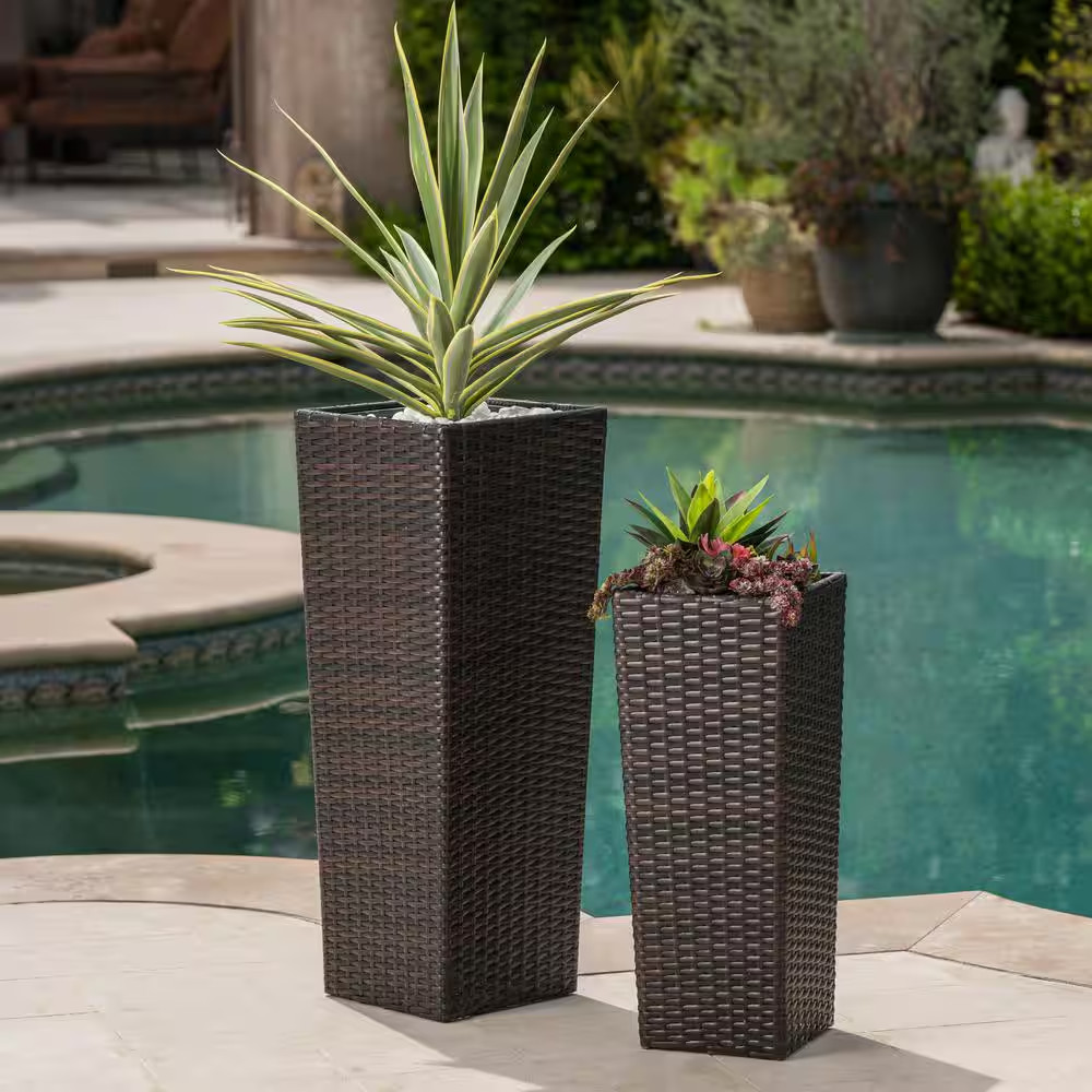 Sanger Outdoor Patio 32 In. and 24 In. Multibrown Wicker and Metal Flower Pot (2