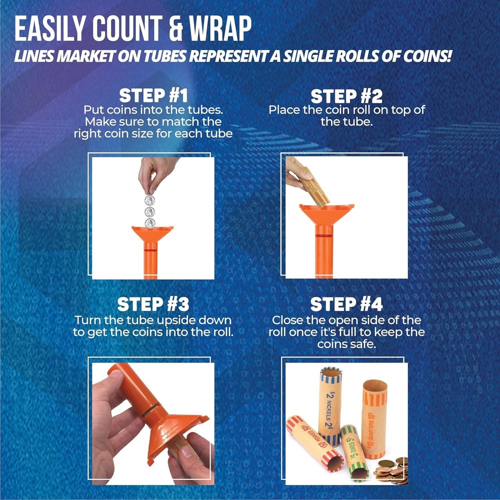 Complete Coin Sorting and Wrapping System - 4 Tubes with 28 Color-Coded Wrappers