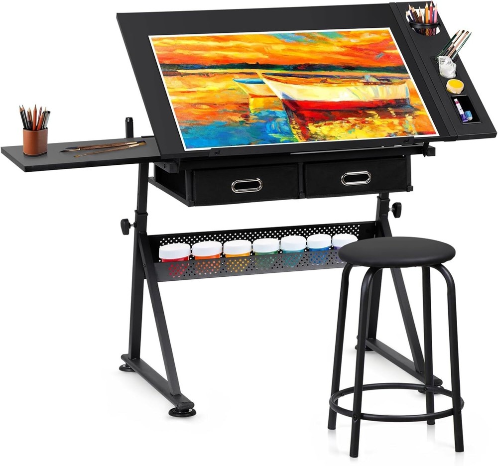 Adjustable Drafting Table with Stool Tilting Drawing Desk Artist Table w/Drawers