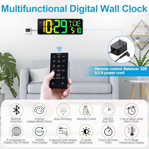 Large Digital Wall Clock 17.2" Bluetooth Auto 11 Colors Bluetooth Time Sync