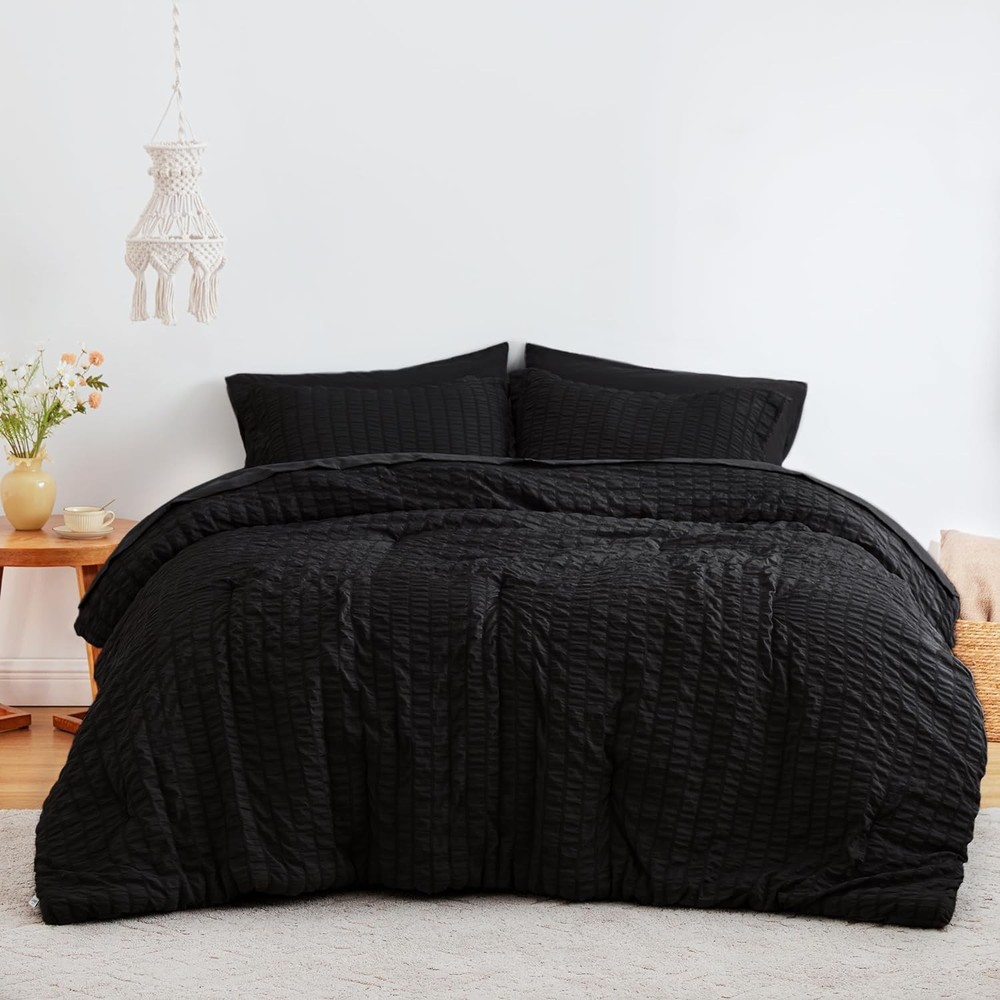 Seersucker Black Queen Comforter Set, 7-Piece Bedding Bundle