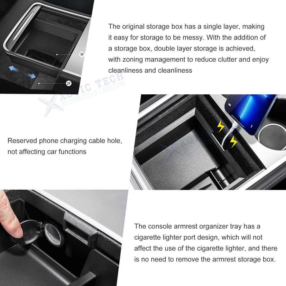 Fit Tesla Model 3/Y ABS Console Hidden Armrest Extra Storage Box & Hanger Hook