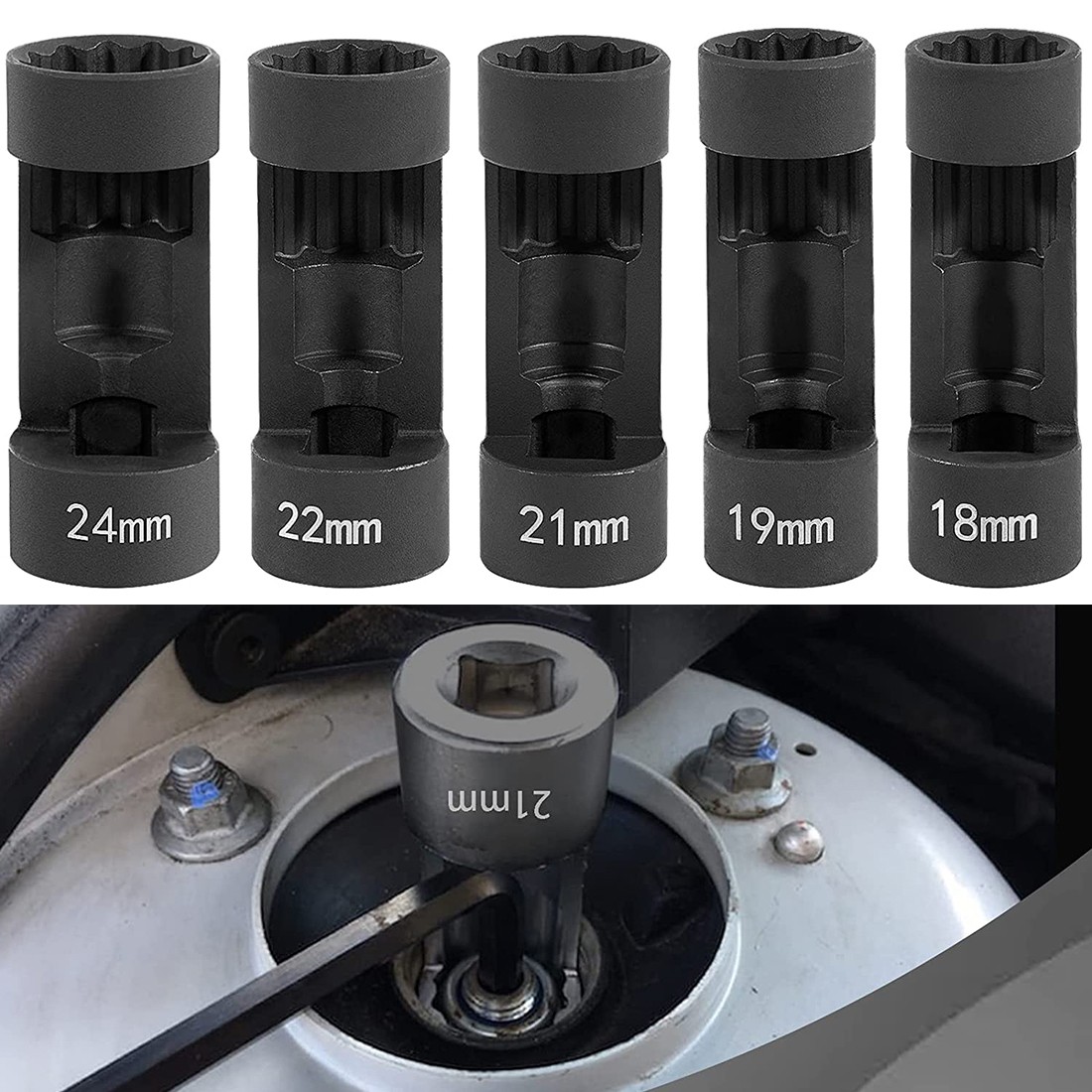 5pc Suspension Strut Nut Socket Set 18mm 19mm 21mm 22mm 24mm 12 Point 1/2" Drive