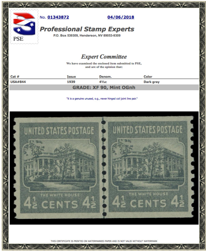 #844 MNH Line Pair PSE Graded 90, PSE Cert. # 01343872