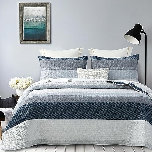 Quilt Set Queen Size 3Pcs,Soft Microfiber Queen(90" x 96") Blue Patchwork
