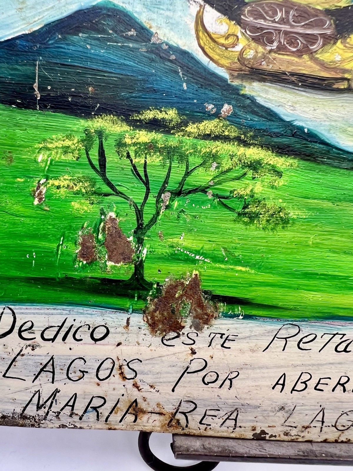 1966 Mexican Ex Voto Painting on Tin Retablo Folk Art 6 1/4 X 10 3:4”