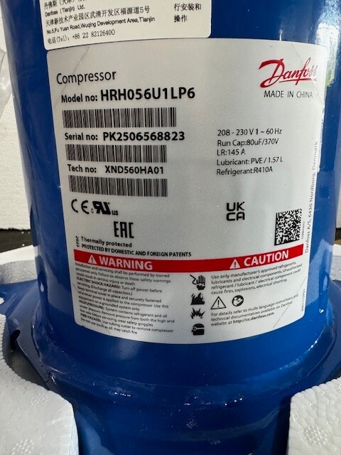 Danfoss Scroll Compressor, HRH056U1LP6 208-230/1/60 R410