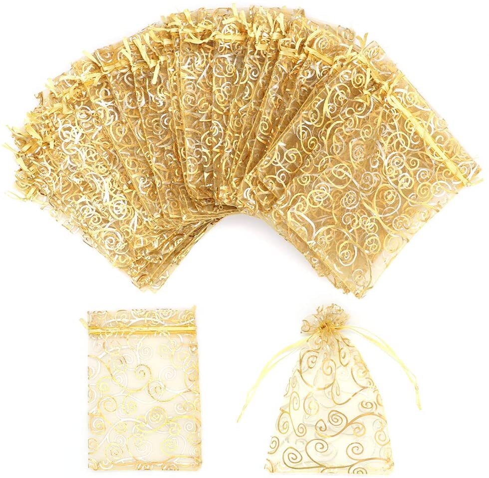 100x Gold Sheer Organza Bags 4x5 Inch Mesh Jewelry Favor Drawstring Gifts Bags