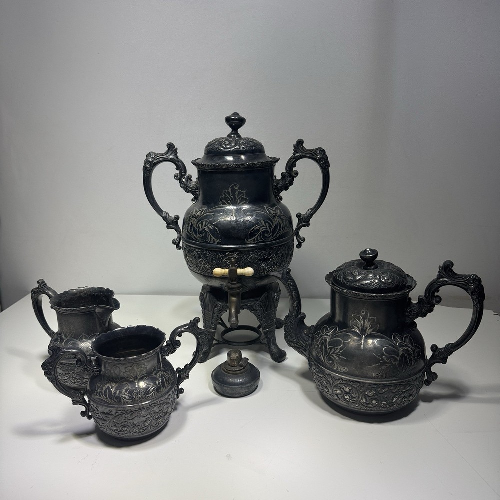Antique Derby Silver Co Quadruple Plate 1652 Chased Coffee / Tea 5 Piece Set
