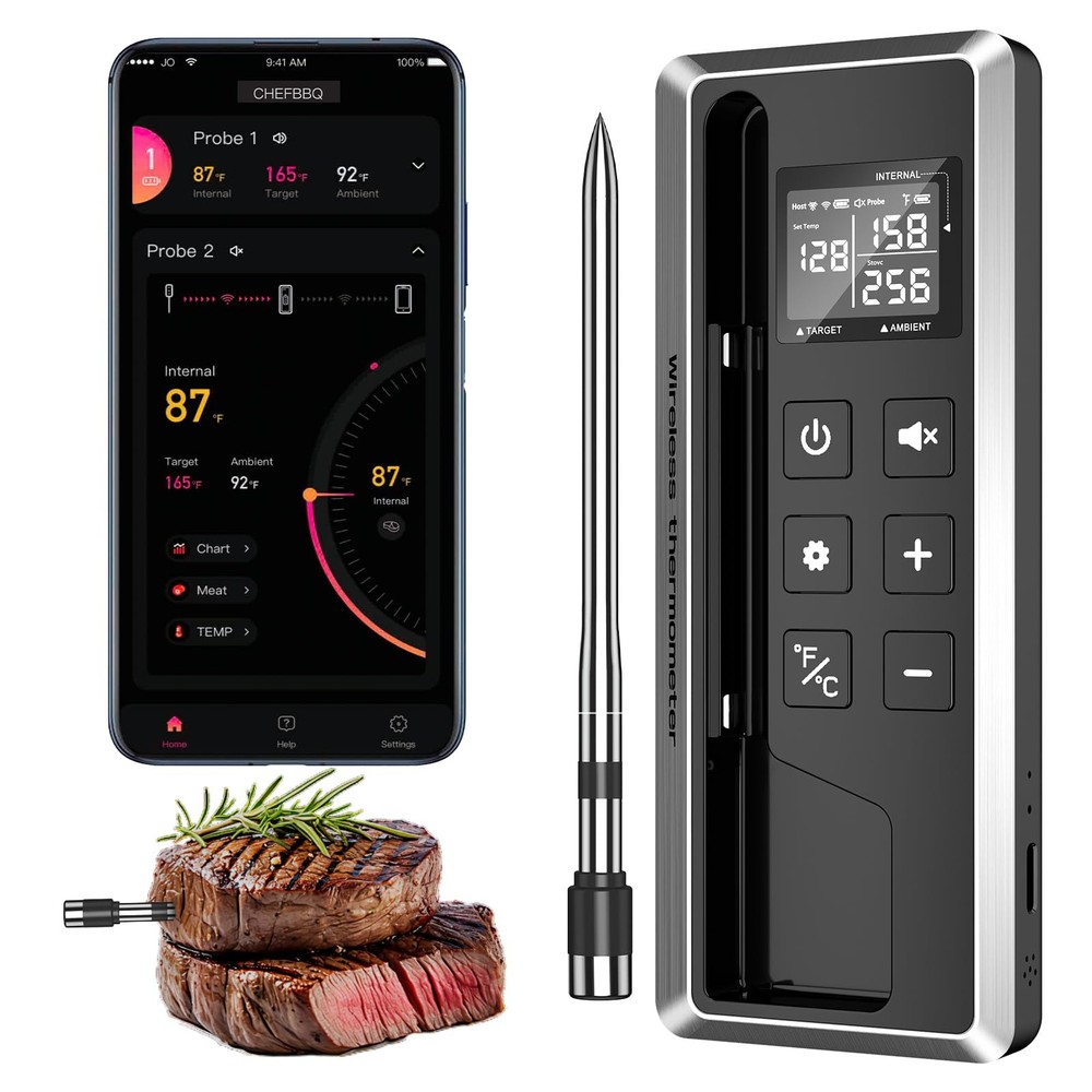 Wireless Meat Thermometer with Smart Timer & APP Control, 800ft Bluetooth Gri