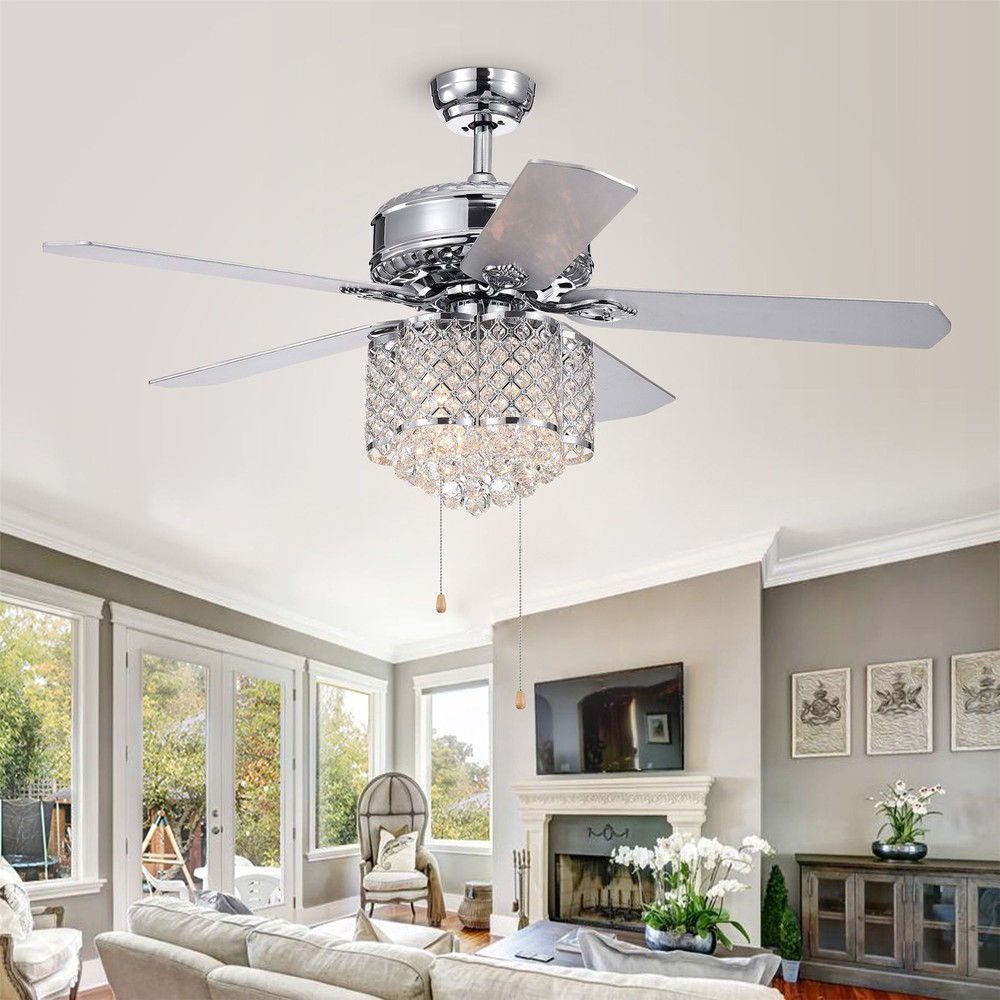 Deidor 52-inch Chrome Ceiling Fan with Crystal Chandelier Pull Chain