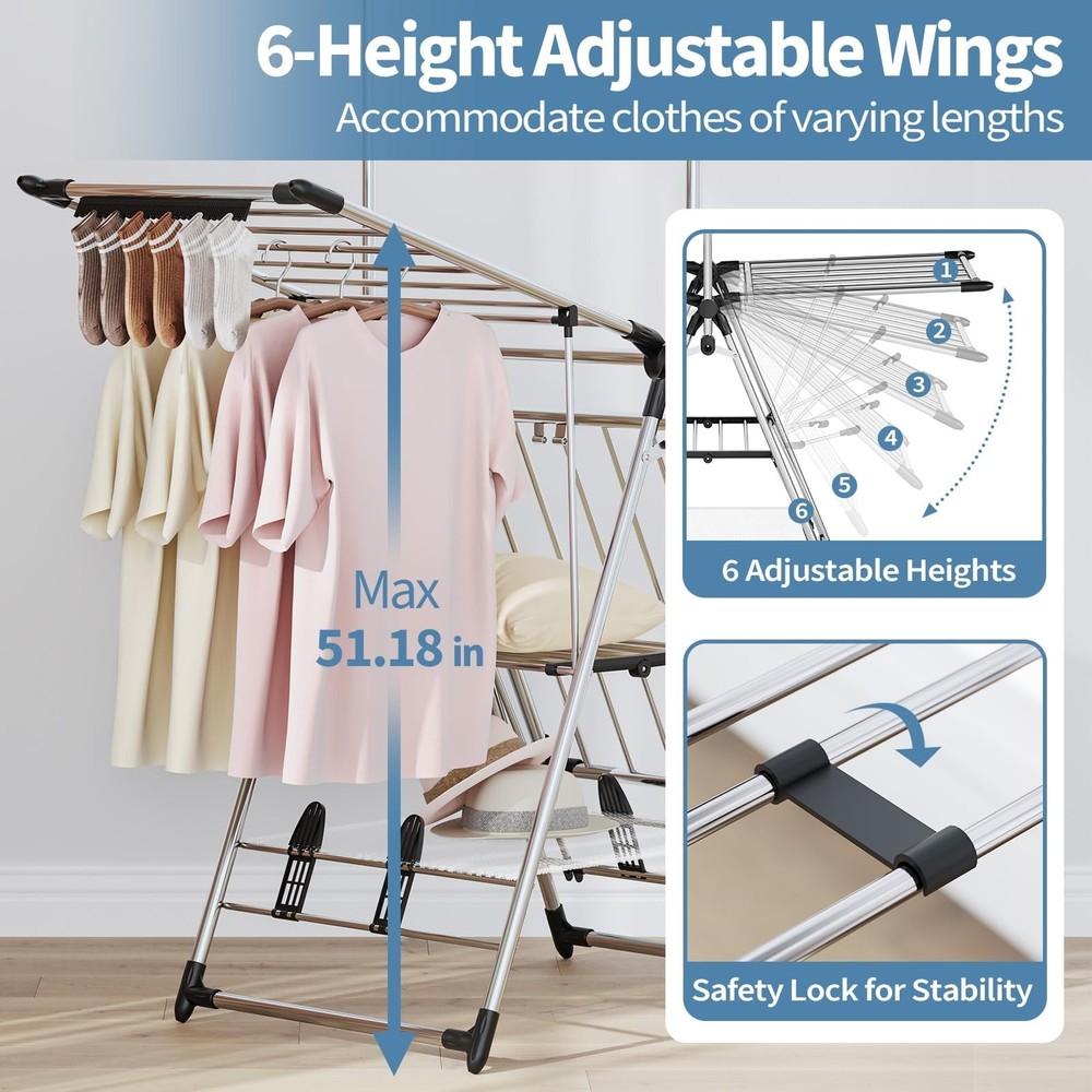 APEXCHASER Clothes Drying Rack with High Hanger, Foldable 3-Level Drying Rack...