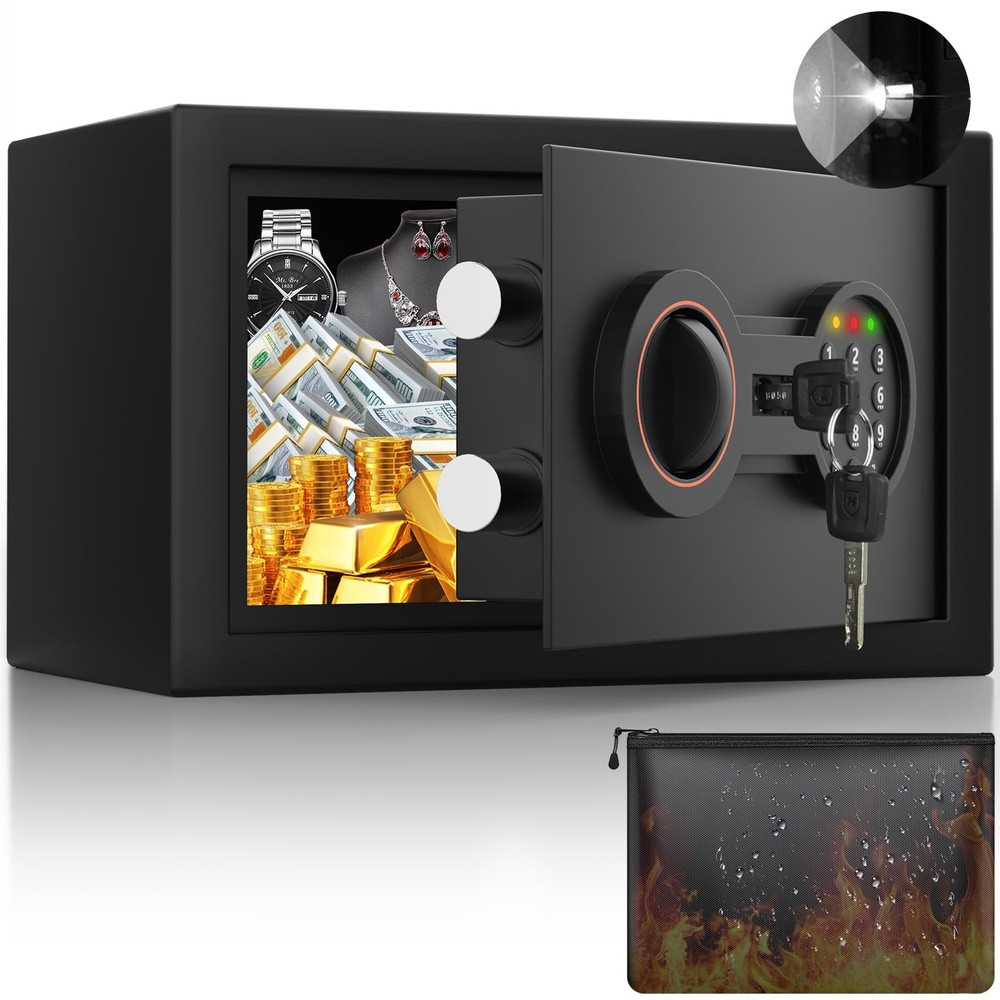 Small Safe Box, 0.3 Cuft Home Safe with Fireproof Waterproof Bag for College