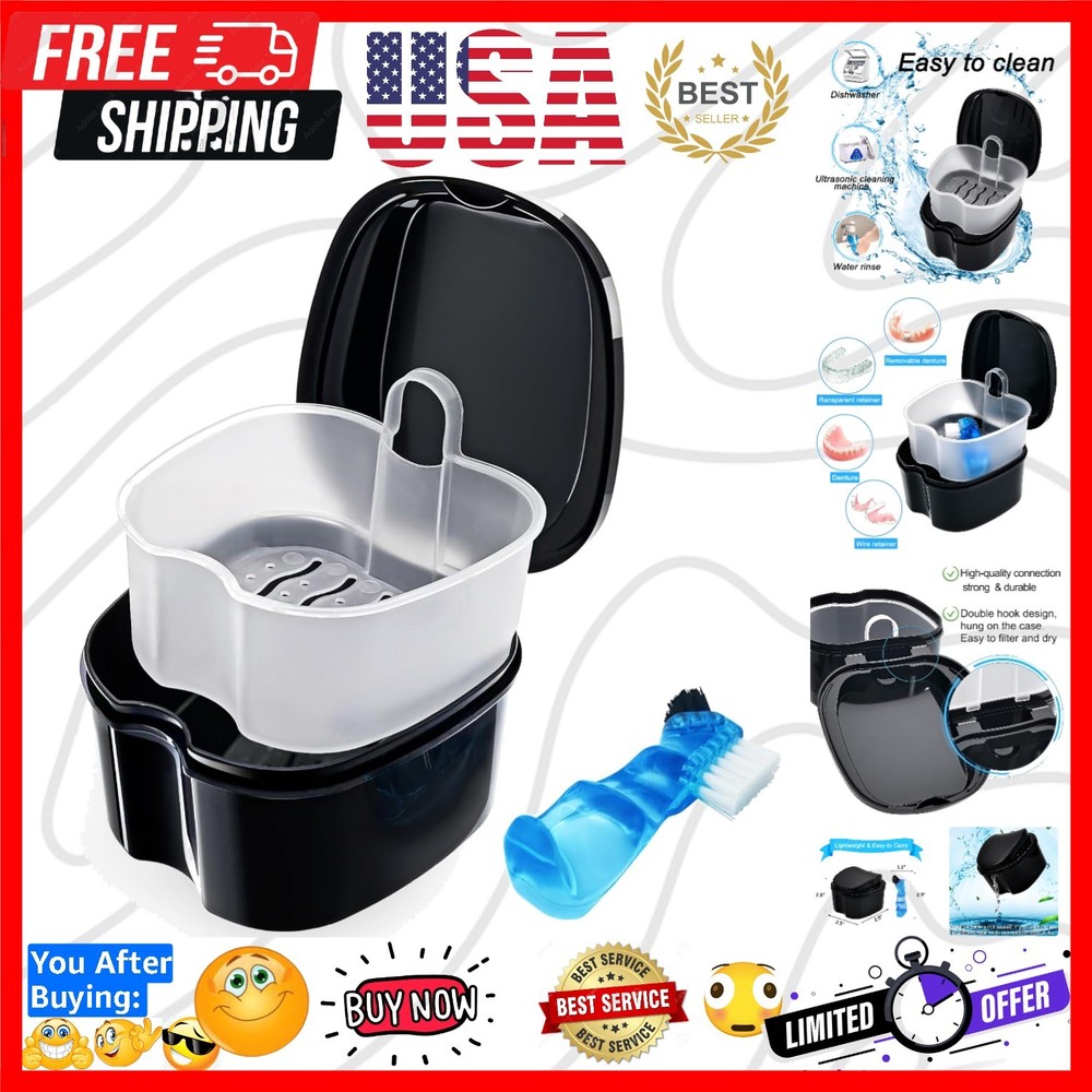Black Denture Soaking Container Partial Denture Case, Orthodontic Retainer Cl...