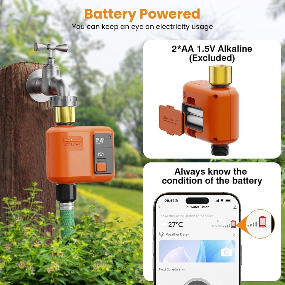 WiFi Garden Water Timer 984ft Range App Voice Control Rain Delay