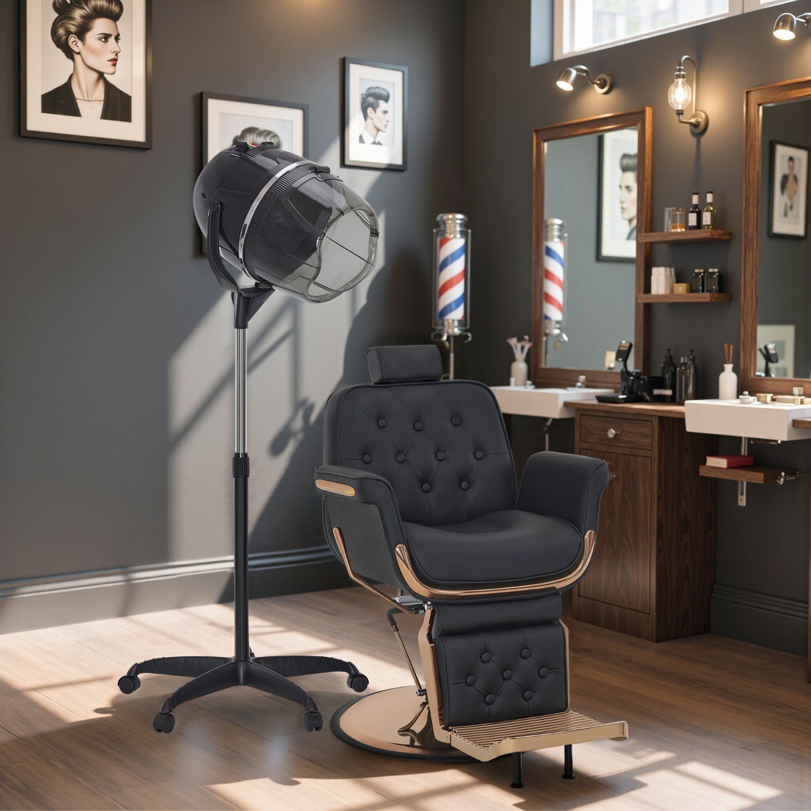 BarberPub 1300W Adjustable Hooded Hair Bonnet Dryer Stand Up Rolling Base VHD08