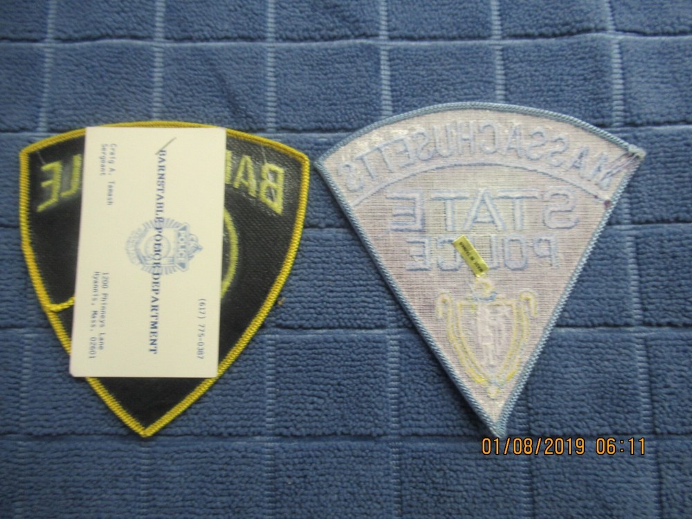 2 massachusetts police patchs 1 state 1barnstable for display only