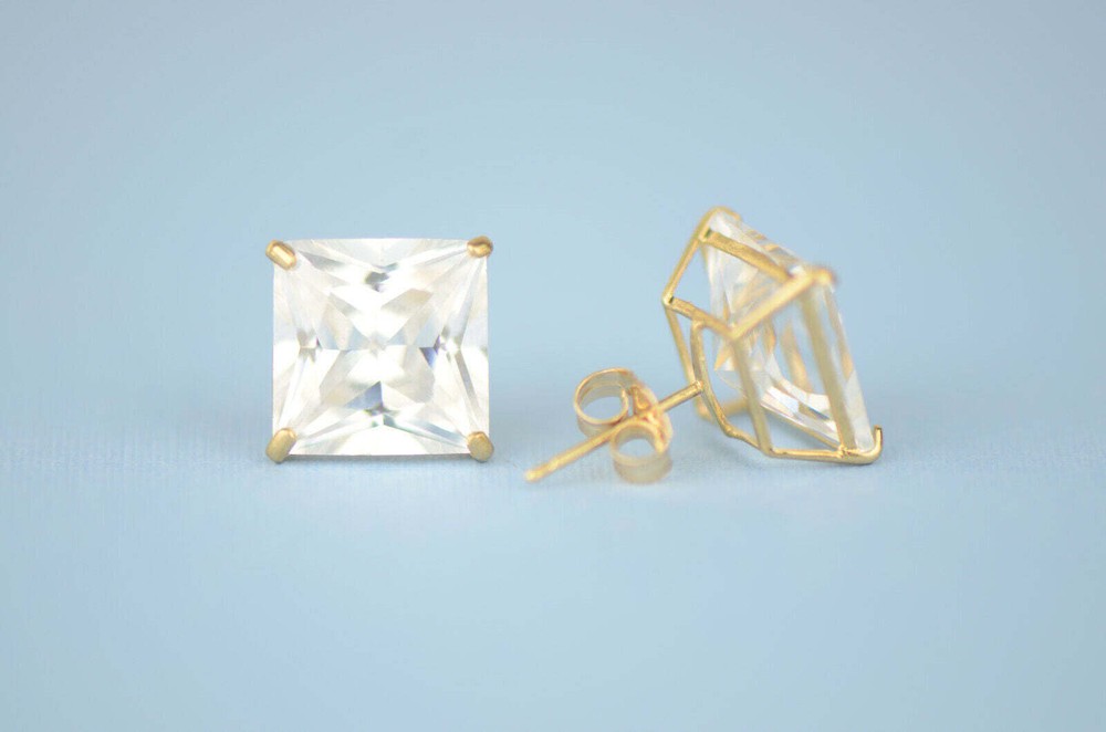 14k solid yellow gold square clear CZ basket set stud earrings 3mm-10mm