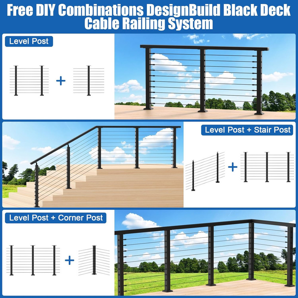 CKE 10Ft-15Ft Complete Set 36" Cable Railing Post Kit, 3Pack Black Level Drilled