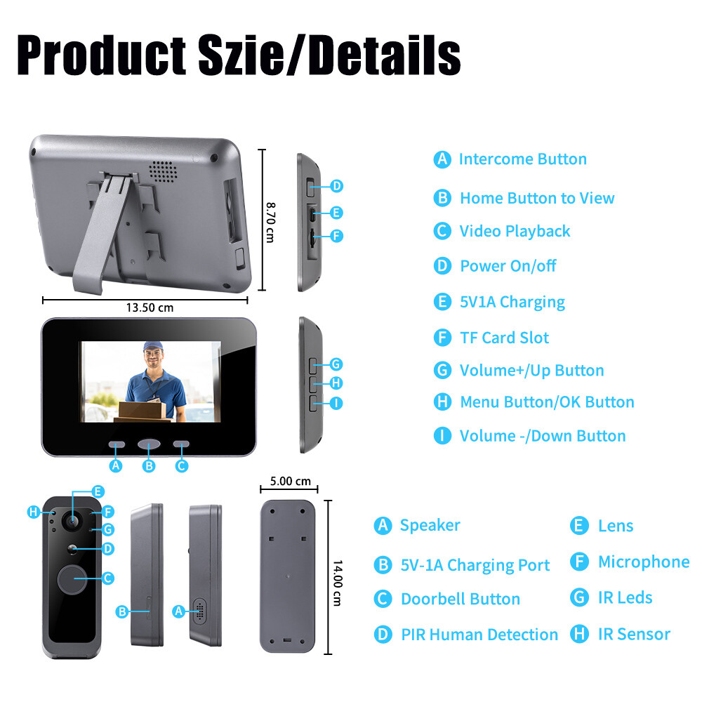 Intelligent Wireless Smart Visual Doorbell Camera 2 Way Intercom PIR 4in Display