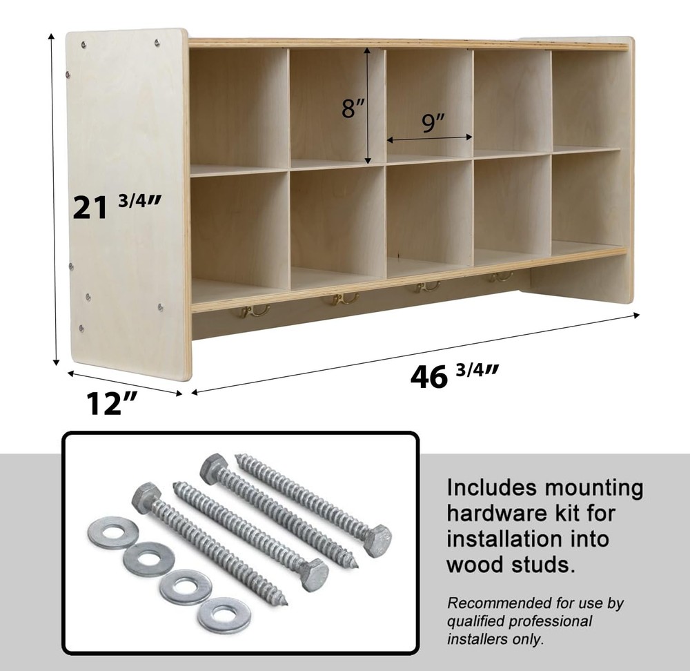 Cubby Storage Organizer Cubes, 10 Cubbies with Coat Hooks, Hanging Wall Cubby...