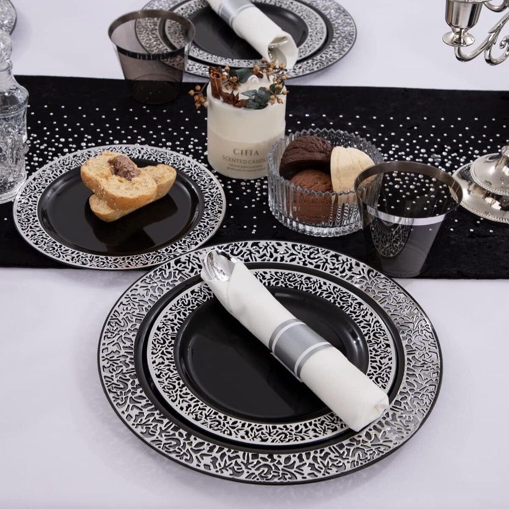 210PCS Silver Plate, Disposable with Plastic Silverware and Silver Cups