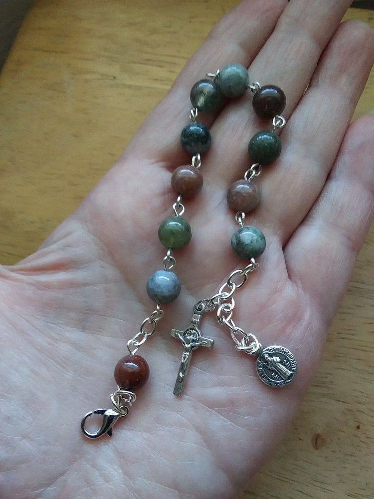Indian Agate Rosary Bracelet 8mm gemstone beads Silver St Benedict Medal Cross