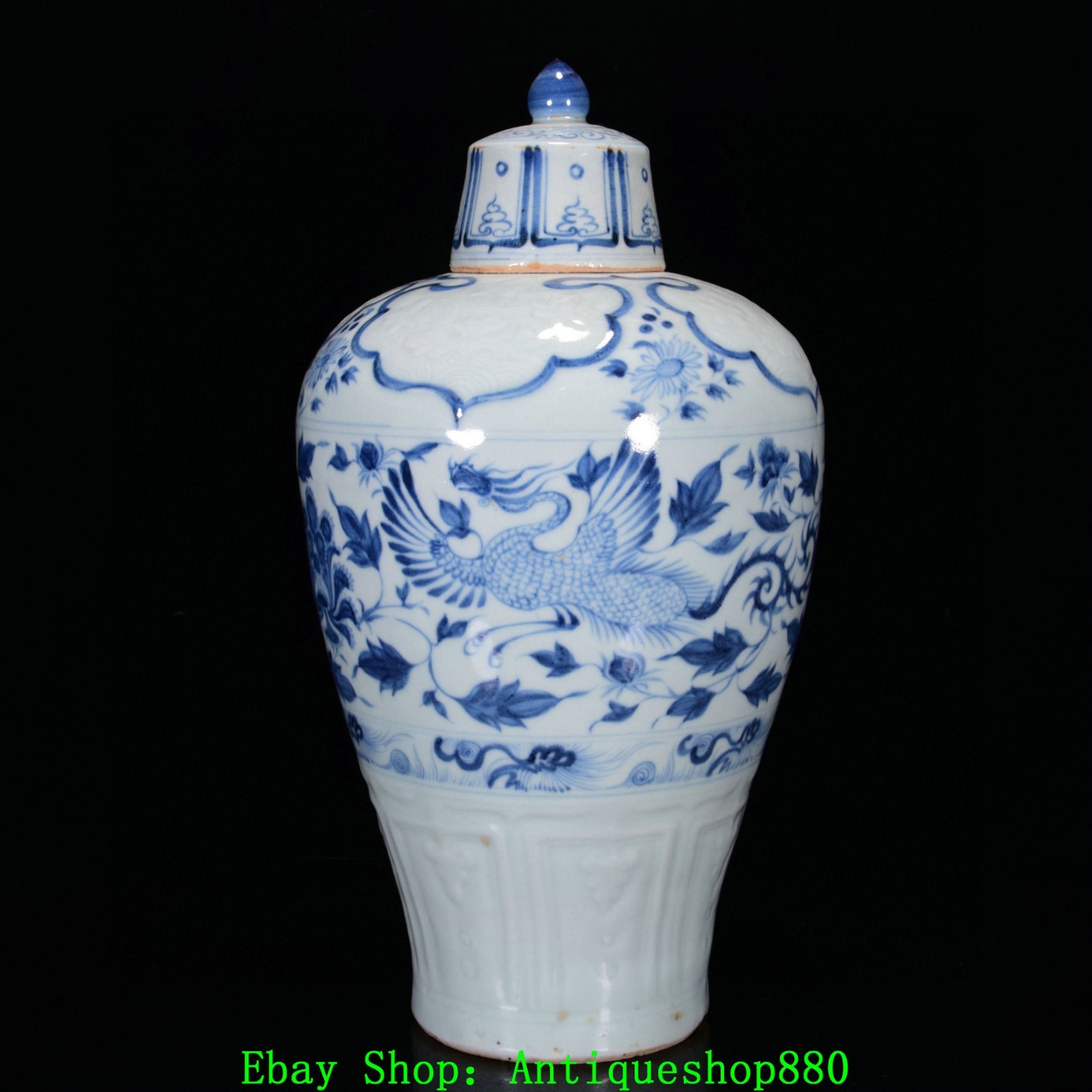 15''Yuan Dynasty Blue White Porcelain Phoenix Peony Flower Bottle Vase Pair