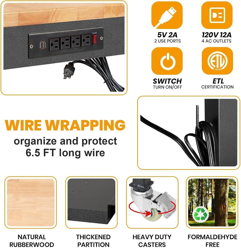60'' Adjustable Workbench with Power Outlet, Wheels, Partition