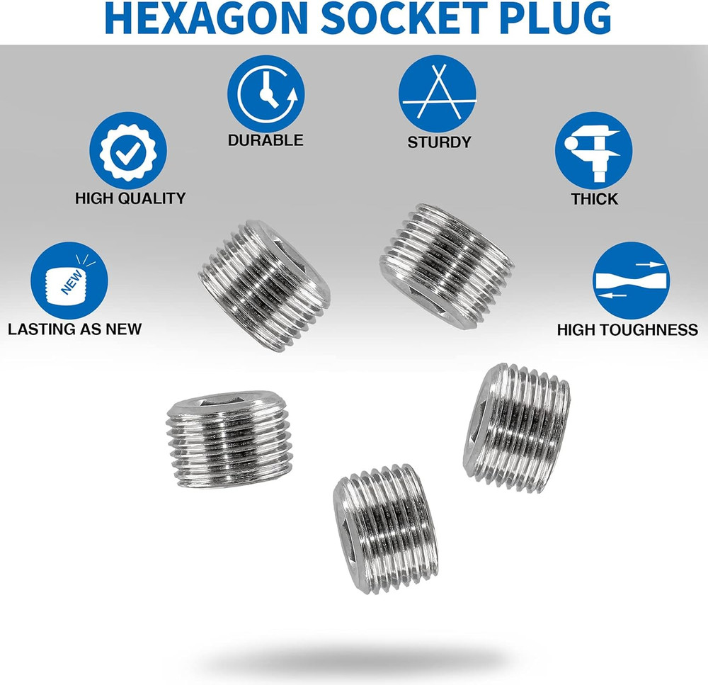 3/8" NPT Male Plug, 304 Stainless Steel Internal Hex Thread Pipe Plug Socket Kit