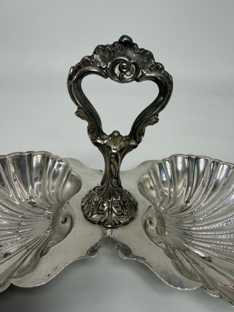 Vtg Crescent Silver Co Plated Double Clam Shell Serving Dish Trinket Tray Footed